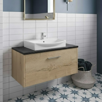 Hudson Reed Juno Wall Hung 1-Drawer Vanity Unit with Sparkling Black Worktop 800mm Wide - Autumn Oak