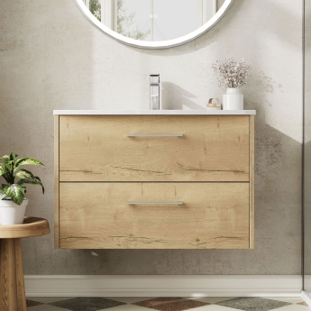 Hudson Reed Juno Wall Hung 2-Drawer Vanity Unit with Basin 4 800mm Wide - Autumn Oak | Product Image
