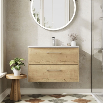 Hudson Reed Juno Wall Hung 2-Drawer Vanity Unit with Basin 4 800mm Wide - Autumn Oak | Product Image