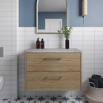Hudson Reed Juno Wall Hung 2-Drawer Vanity Unit with Bellato Grey Worktop 800mm Wide - Autumn Oak