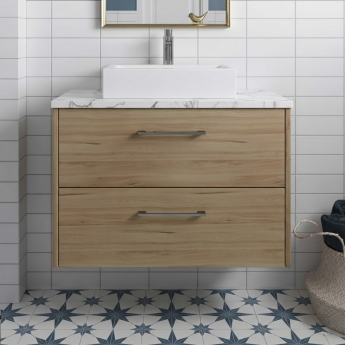 Hudson Reed Juno Wall Hung 2-Drawer Vanity Unit with Carrera Marble Worktop 800mm Wide - Autumn Oak | Product Image