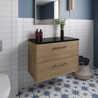 Hudson Reed Juno Wall Hung 2-Drawer Vanity Unit with Sparkling Black Worktop 800mm Wide - Autumn Oak