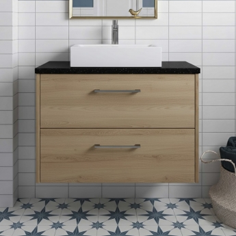 Hudson Reed Juno Wall Hung 2-Drawer Vanity Unit with Sparkling Black Worktop 800mm Wide - Autumn Oak | Product Image