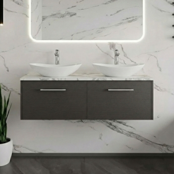 Hudson Reed Juno Wall Hung 2-Drawer Vanity Unit with Carrera Marble Worktop 1200mm Wide - Graphite Grey Woodgrain | Product Image