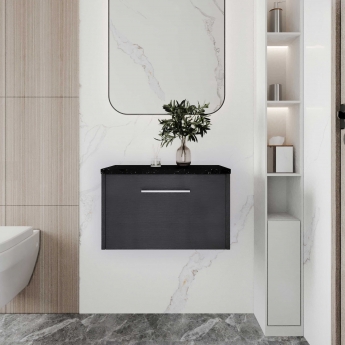 Hudson Reed Juno Wall Hung 1-Drawer Vanity Unit with Sparkling Black Worktop 600mm Wide - Graphite Grey