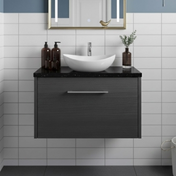 Hudson Reed Juno Wall Hung 1-Drawer Vanity Unit with Sparkling Black Worktop 600mm Wide - Graphite Grey