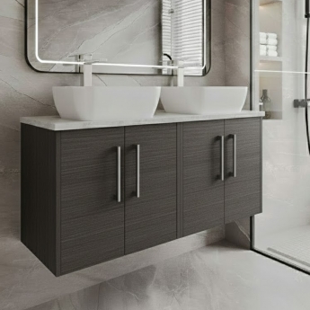 Hudson Reed Juno Wall Hung 4-Door Vanity Unit with Bellato Grey Worktop 1200mm Wide - Graphite Grey Woodgrain | Product Image