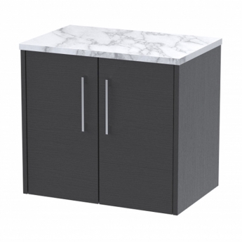 Hudson Reed Juno Wall Hung 2-Door Vanity Unit with Carrera Marble Worktop 600mm Wide - Graphite Grey Woodgrain | Product Image
