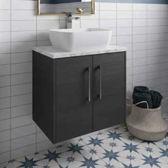 Hudson Reed Juno Wall Hung 2-Door Vanity Unit with Carrera Marble Worktop 600mm Wide - Graphite Grey Woodgrain | Product Image