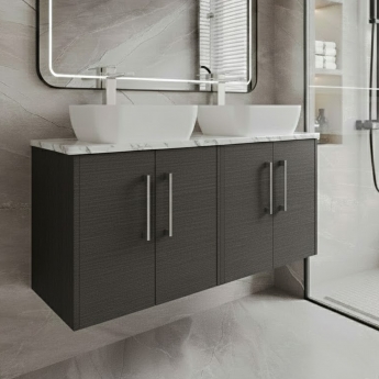 Hudson Reed Juno Wall Hung 4-Door Vanity Unit with Carrera Marble Worktop 1200mm Wide - Graphite Grey Woodgrain | Product Image