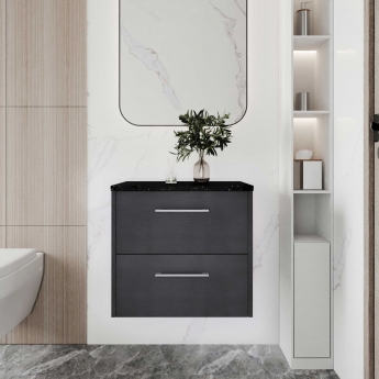 Hudson Reed Juno Wall Hung 2-Drawer Vanity Unit with Sparkling Black Worktop 600mm Wide - Graphite Grey