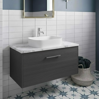 Hudson Reed Juno Wall Hung 1-Drawer Vanity with Carrera Marble Worktop 800mm Wide - Graphite Grey Woodgrain | Product Image