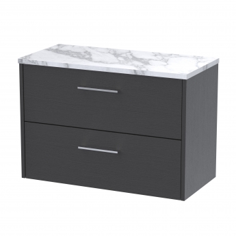 Hudson Reed Juno Wall Hung 2-Drawer Vanity Unit with Carrera Marble Worktop 800mm Wide - Graphite Grey Woodgrain | Product Image