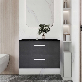Hudson Reed Juno Wall Hung 2-Drawer Vanity Unit with Sparkling Black Worktop 800mm Wide - Graphite Grey