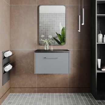 Hudson Reed Juno Wall Hung 1-Drawer Vanity Unit with Sparkling Black Worktop 600mm Wide - Coastal Grey