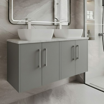 Hudson Reed Juno Wall Hung 4-Door Vanity Unit with Bellato Grey Worktop 1200mm Wide - Coastal Grey | Product Image