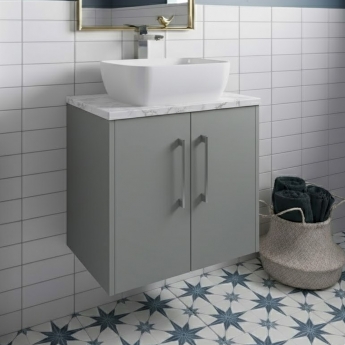 Hudson Reed Juno Wall Hung 2-Door Vanity Unit with Carrera Marble Worktop 600mm Wide - Coastal Grey | Product Image