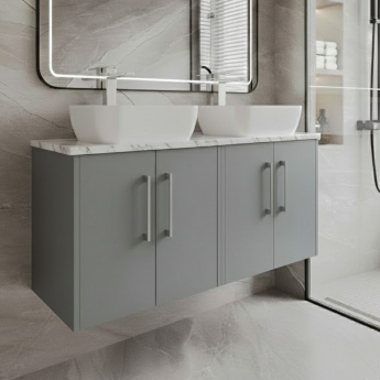 Hudson Reed Juno Wall Hung 4-Door Vanity Unit with Carrera Marble Worktop 1200mm Wide - Coastal Grey | Product Image