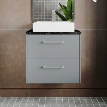 Hudson Reed Juno Wall Hung 2-Drawer Vanity Unit with Sparkling Black Worktop 600mm Wide - Coastal Grey