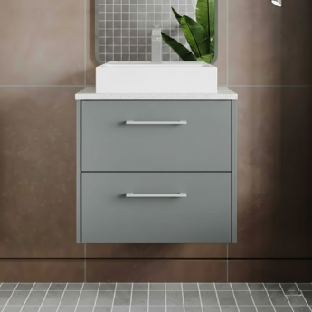 Hudson Reed Juno Wall Hung 2-Drawer Vanity Unit with Sparkling White Worktop 600mm Wide - Coastal Grey