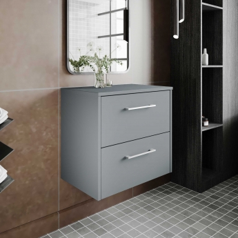 Hudson Reed Juno Wall Hung 2-Drawer Vanity Unit with Worktop 600mm Wide - Coastal Grey