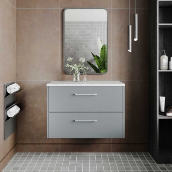 Hudson Reed Juno Wall Hung 2-Drawer Vanity Unit with Sparkling White Worktop 800mm Wide - Coastal Grey