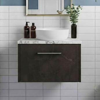 Hudson Reed Juno Wall Hung 1-Drawer Vanity Unit with Carrera Marble Worktop 600mm Wide - Metallic Slate | Product Image