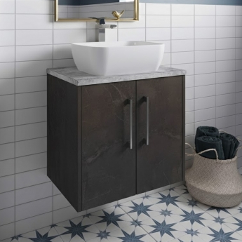 Hudson Reed Juno Wall Hung 2-Door Vanity Unit with Bellato Grey Worktop 600mm Wide - Metallic Slate