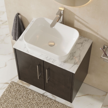 Hudson Reed Juno Wall Hung 2-Door Vanity Unit with Carrara Marble Worktop 600mm Wide - Metallic Slate | Product Image