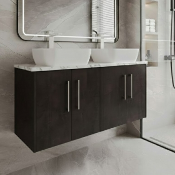 Hudson Reed Juno Wall Hung 4-Door Vanity Unit with Carrera Marble Worktop 1200mm Wide - Metallic Slate | Product Image