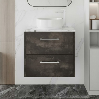 Hudson Reed Juno Wall Hung 2-Drawer Vanity Unit with Carrera Marble Worktop 600mm Wide - Metallic Slate | Product Image