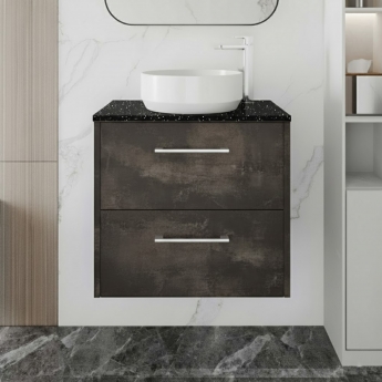 Hudson Reed Juno Wall Hung 2-Drawer Vanity Unit with Sparkling Black Worktop 600mm Wide - Metallic Slate