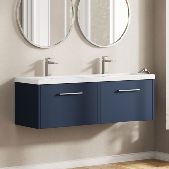 Hudson Reed Juno Wall Hung 2-Drawer Vanity Unit with Double Ceramic Basin 1200mm Wide - Midnight Blue | Product Image