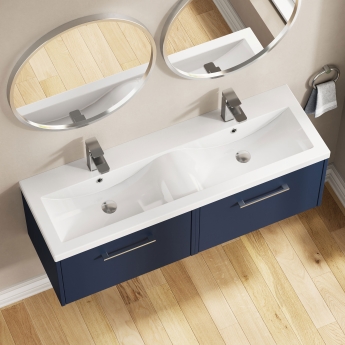 Hudson Reed Juno Wall Hung 2-Drawer Vanity Unit with Double Ceramic Basin 1200mm Wide - Midnight Blue | Product Image