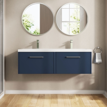 Hudson Reed Juno Wall Hung 2-Drawer Vanity Unit with Double Ceramic Basin 1200mm Wide - Midnight Blue | Product Image