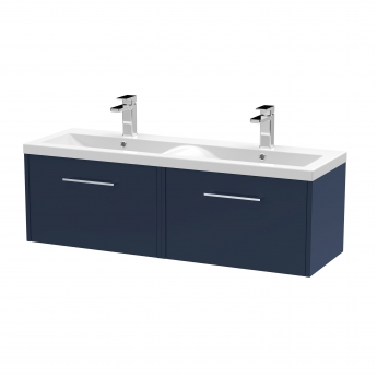 Hudson Reed Juno Wall Hung 2-Drawer Vanity Unit with Double Ceramic Basin 1200mm Wide - Midnight Blue | Product Image