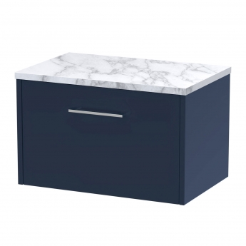 Hudson Reed Juno Wall Hung 1-Drawer Vanity Unit with Carrera Marble Worktop 600mm Wide - Midnight Blue | Product Image