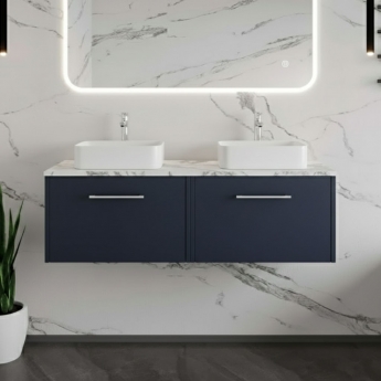 Hudson Reed Juno Wall Hung 2-Drawer Vanity Unit with Carrera Marble Worktop 1200mm Wide - Midnight Blue | Product Image