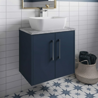 Hudson Reed Juno Wall Hung 2-Door Vanity Unit with Bellato Grey Worktop 600mm Wide - Midnight Blue | Product Image