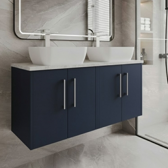 Hudson Reed Juno Wall Hung 4-Door Vanity Unit with Bellato Grey Worktop 1200mm Wide - Midnight Blue | Product Image
