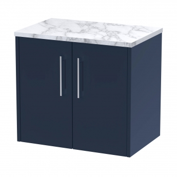 Hudson Reed Juno Wall Hung 2-Door Vanity Unit with Carrera Marble Worktop 600mm Wide - Midnight Blue | Product Image