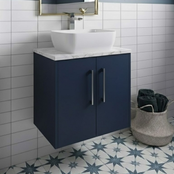 Hudson Reed Juno Wall Hung 2-Door Vanity Unit with Carrera Marble Worktop 600mm Wide - Midnight Blue | Product Image