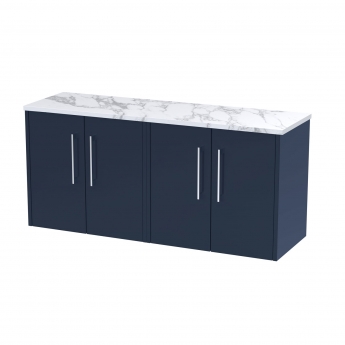 Hudson Reed Juno Wall Hung 4-Door Vanity Unit with Carrera Marble Worktop 1200mm Wide - Midnight Blue