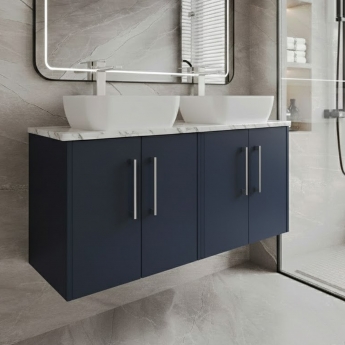Hudson Reed Juno Wall Hung 4-Door Vanity Unit with Carrera Marble Worktop 1200mm Wide - Midnight Blue