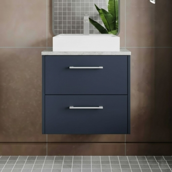 Hudson Reed Juno Wall Hung 2-Drawer Vanity Unit with Bellato Grey Worktop 600mm Wide - Midnight Blue | Product Image