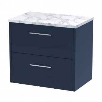 Hudson Reed Juno Wall Hung 2-Drawer Vanity Unit with Carrera Marble Worktop 600mm Wide - Midnight Blue | Product Image