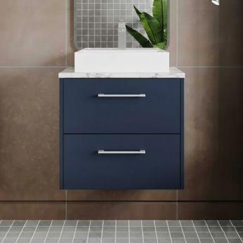 Hudson Reed Juno Wall Hung 2-Drawer Vanity Unit with Carrera Marble Worktop 600mm Wide - Midnight Blue | Product Image