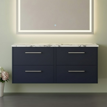 Hudson Reed Juno Wall Hung 4-Drawer Vanity Unit with Carrera Marble Worktop 1200mm Wide - Midnight Blue | Product Image
