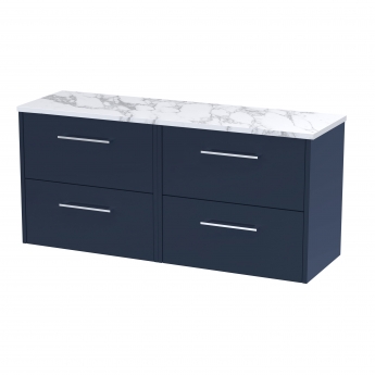 Hudson Reed Juno Wall Hung 4-Drawer Vanity Unit with Carrera Marble Worktop 1200mm Wide - Midnight Blue | Product Image