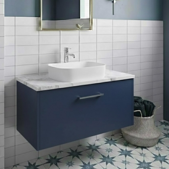 Hudson Reed Juno Wall Hung 1-Drawer Vanity with Carrera Marble Worktop 800mm Wide - Midnight Blue | Product Image